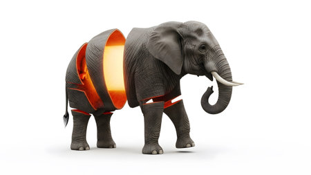 Interior showing gray elephant cut into sections with a bright orange glowing interior on white....