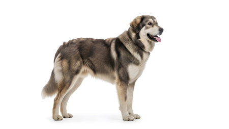 A large grey and white mixed breed dog stands with its mouth open and tongue out on a white...