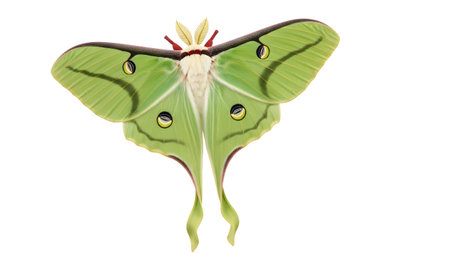 Arthropod showing large green luna moth with eye spots on wings spread wide on a white...の写真素材