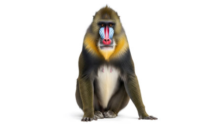A mandrill monkey is captured sitting with its distinctive colorful face and yellow mane against...