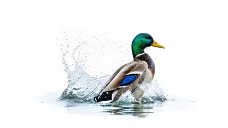 Duck showing mallard duck with green head and iridescent blue wing feathers splashes water while...の写真素材