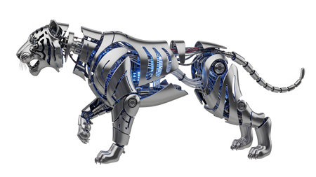Fiction showing metallic robotic tiger with exposed internal wiring and blue glowing lights on...の写真素材
