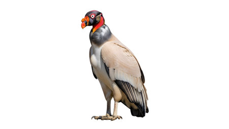 Vulture showing king vulture bird with colorful neck and beak standing on white background...
