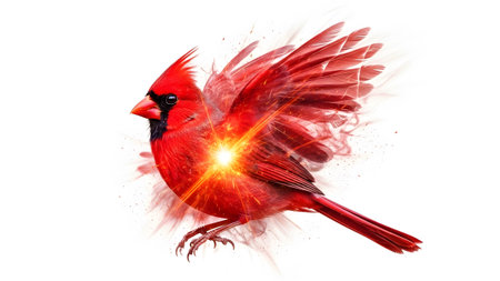 Wings showing male northern cardinal bird with wings exploding in red energy burst and light on...
