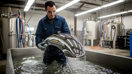 Motorcycle showing man holding polished chrome motorcycle fender in water bath for cleaning and...