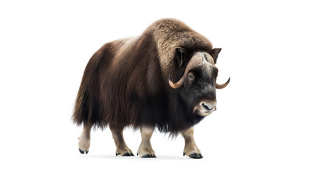 Brown showing musk ox walking forward with long shaggy brown fur and curved horns isolated on...