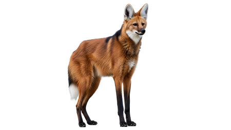Maned showing maned wolf standing full body with reddish brown fur and black legs isolated on...