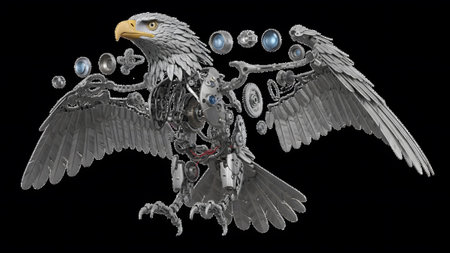 Lenses showing mechanical eagle with exposed gears and blue lenses on black background.の写真素材