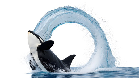 Whale breaching and splashing water in the ocean on a white background...