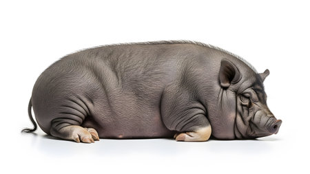 A plump gray potbellied pig lies down with its eyes closed on a white background, its wrinkled...