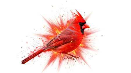 showing red cardinal bird with fiery burst and sparks on white background. resolution...の写真素材