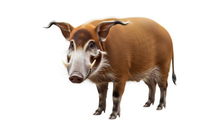 A red river hog pig with brown fur white facial markings and prominent tusks stands on white.