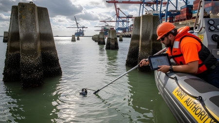 Water showing port authority worker in boat uses pole with device to measure water depth near...