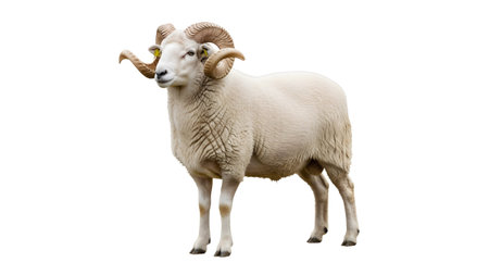 Curved showing ram with large curved horns standing proudly on a white background.の写真素材