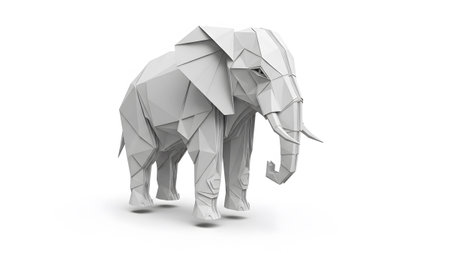 Tusk showing polygonal white origami elephant sculpture with sharp geometric facets on a white...の写真素材