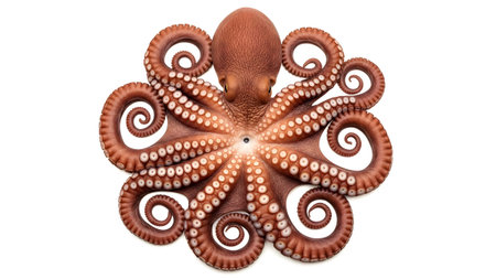 Nature showing red octopus with eight tentacles spread out in a circle isolated on white...