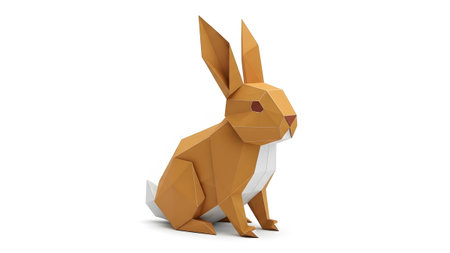 A geometric papercraft rabbit in orange and white is shown sitting on a white surface with its...の写真素材