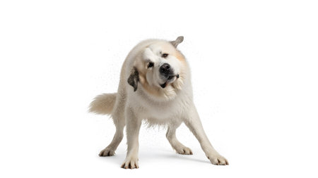 showing large white pyrenees dog shaking water off its head and fur on white background....