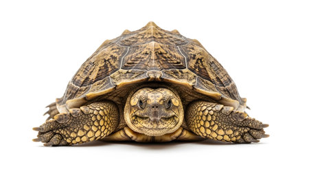 showing leopard tortoise facing forward with detailed shell texture white background.