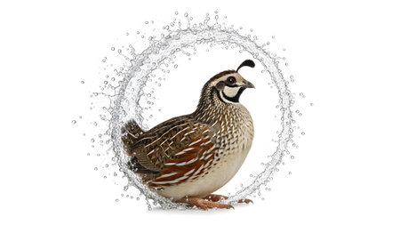Distinctive showing quail bird with distinctive markings in a swirling circle of water droplets....の写真素材