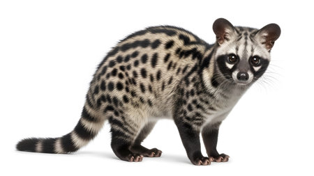 Unique showing side profile of a spotted genet animal with black stripes on tail and body on...
