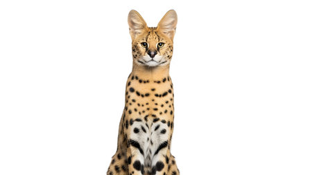 Unique showing serval cat with large ears and spotted fur sitting attentively on a white...の写真素材