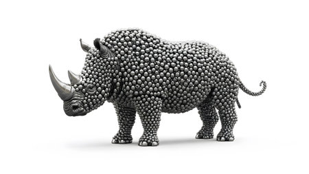 A rhinoceros sculpture made of many small silver spheres stands on a white background, detailed...の写真素材