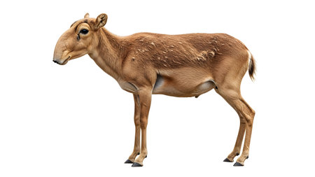 Nose showing saiga antelope with distinctive nose standing profile isolated on white.の写真素材