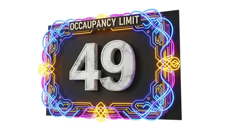 Lights showing occupancy limit sign with number 49 surrounded by neon lights on white...
