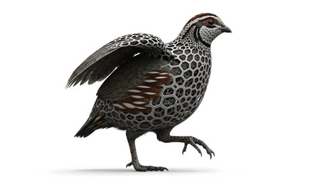 Background showing quail bird sculpture with honeycomb pattern and open wing on white...の写真素材