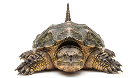 Chelonian showing snapping turtle with spiky shell and claws facing forward on white background...