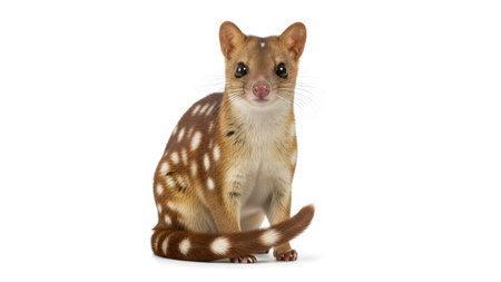 Curious showing spotted quoll sitting on a white background with curious eyes and a ringed tail....の写真素材