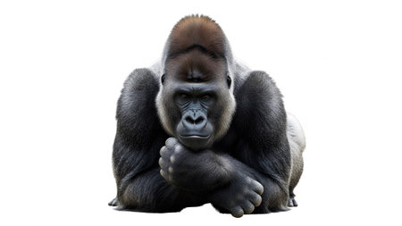 Presence showing silverback gorilla resting with chin on hand looking directly forward isolated...