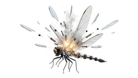 (1347) showing steampunk dragonfly exploding with gears springs and smoke on white background....