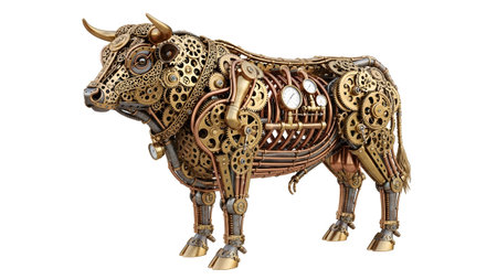 Background showing steampunk bull constructed from brass gears, copper pipes, and gauges on a...の写真素材