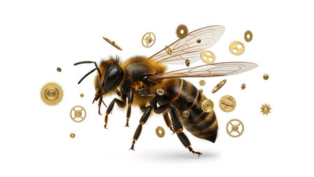 A detailed steampunk bee with golden gears and clockwork mechanisms, set against a white background.