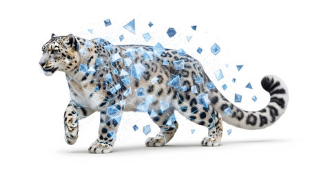 Exploding showing snow leopard with geometric crystal shards on white background.の写真素材