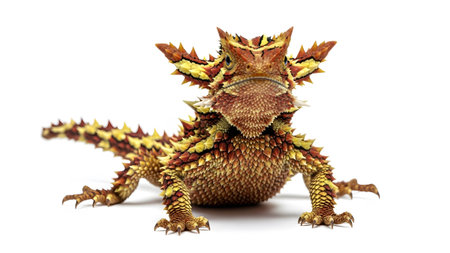 A thorny dragon lizard with vibrant yellow and red spiky scales faces forward on a stark white...の写真素材