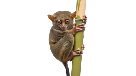 Isolated showing tarsier with large eyes clinging to a green bamboo stalk isolated.の写真素材