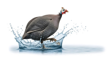 White showing spotted guinea fowl jumping into water with white background. resolution...の写真素材