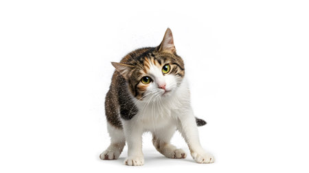 Cat showing tabby cat shaking its head with water droplets flying off its fur on a white...