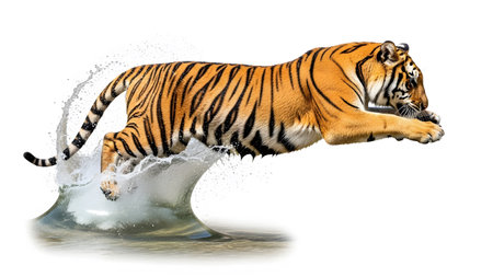 White tiger mid-jump through a water splash on white background. resolution