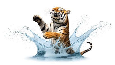 Tiger leaping out of water with dynamic splash and white background.