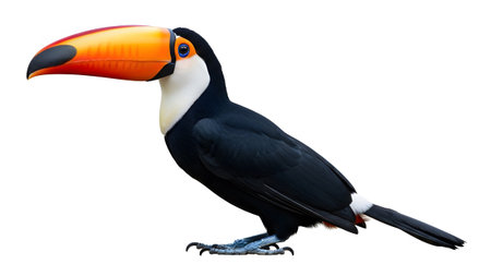 A toucan bird with a large, vibrant orange and black beak is isolated on a clean white background.