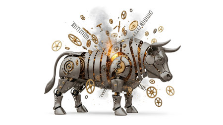 Steampunk showing steampunk mechanical bull with exploding gears and smoke on white background....の写真素材