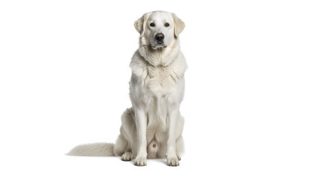 showing white golden retriever dog sitting upright on a clean white background looking...