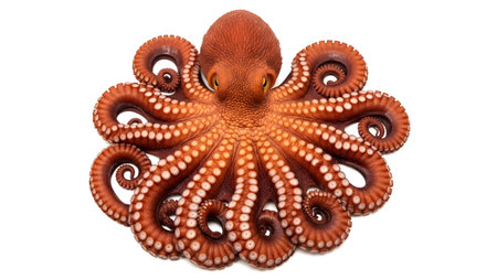 A bright orange octopus with eight curled tentacles covered in white suckers is presented on a...の写真素材