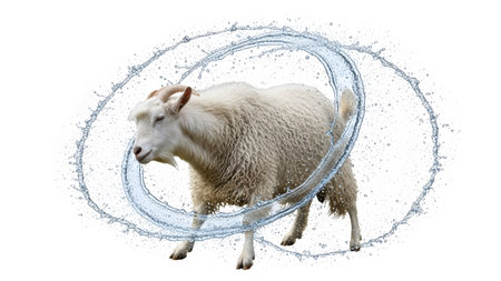 A white goat with horns is captured mid-motion within a swirling water splash on a white background.の写真素材