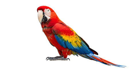 A bright scarlet macaw parrot with vivid red, yellow, and blue plumage stands alert.......