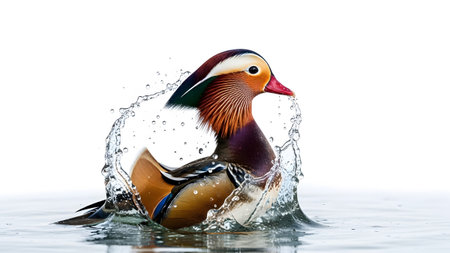 A colorful mandarin duck creates a dramatic water splash as it emerges from the water....の写真素材